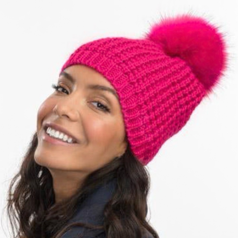 New Kyi Kyi Womens Pink Fuschia Beanie Faux Fur Pom Pom